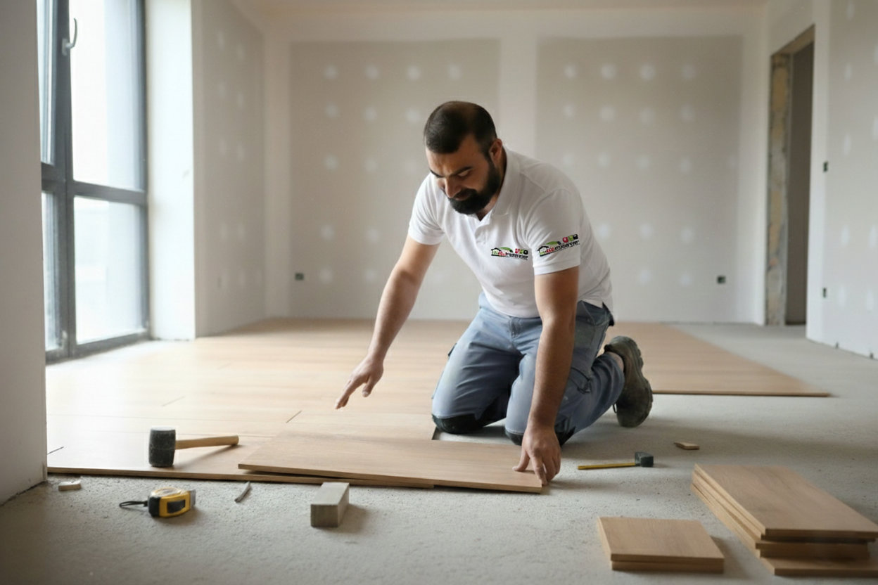 Verlegung eines modernen Vinylbodens durch Handwerker