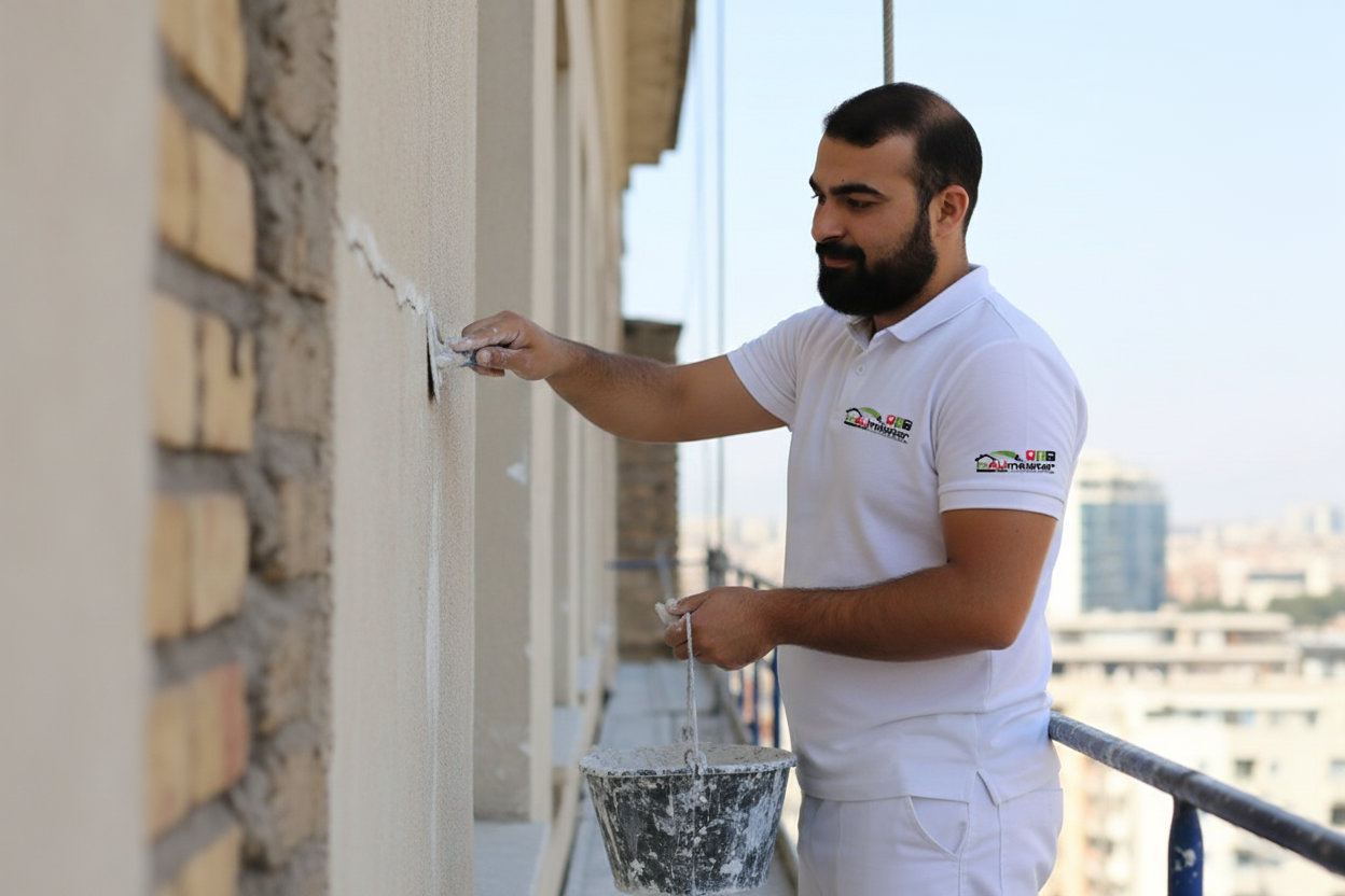 Fassadenanstrich mit frischer Farbe an einem Wohngebäude