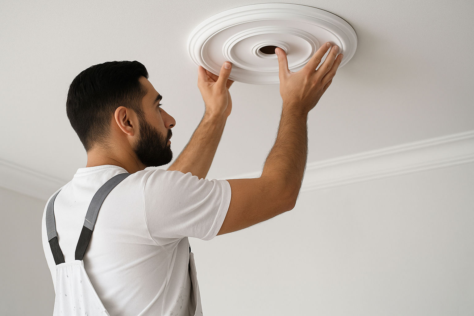 Handwerker montiert dekorative Stuckrosette an der Decke