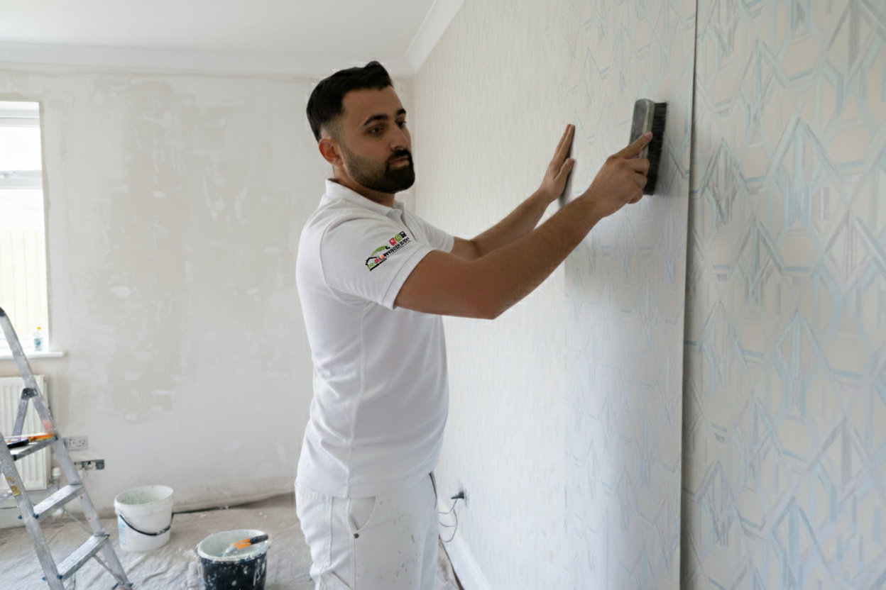 Handwerker tapeziert eine Wand