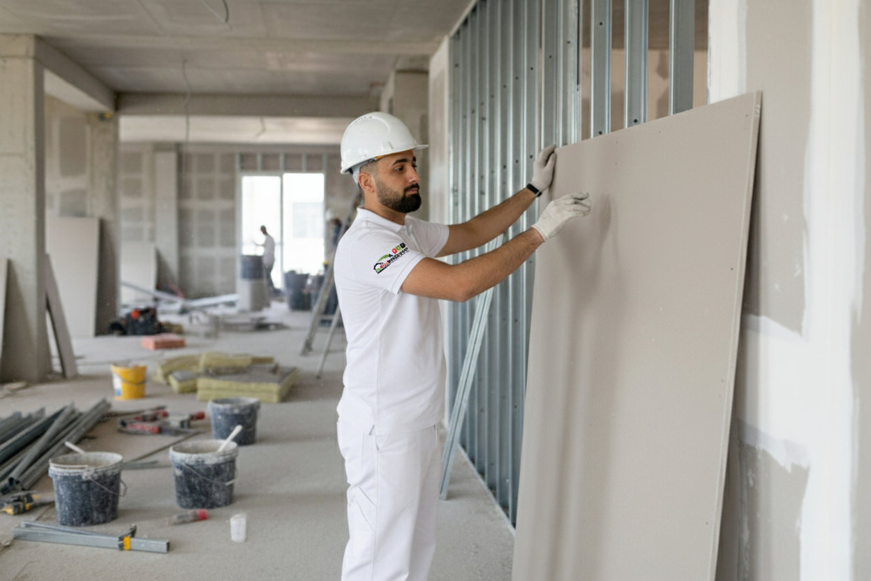 Trockenbauer mit Schutzhelm verputzt eine neue Innenwand